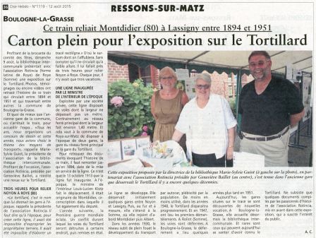 Oise hebdo n°1119 du 12 août 2015 relatant l'exposition sur le tortillard à Boulogne-la-Grasse